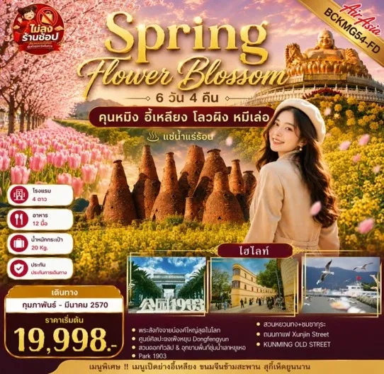 ทัวร์จีน Spring Flower Blossom คุนหมิง อี้เหลียง โลวผิง หมีเล่อ 6วัน 5คืน (FD)